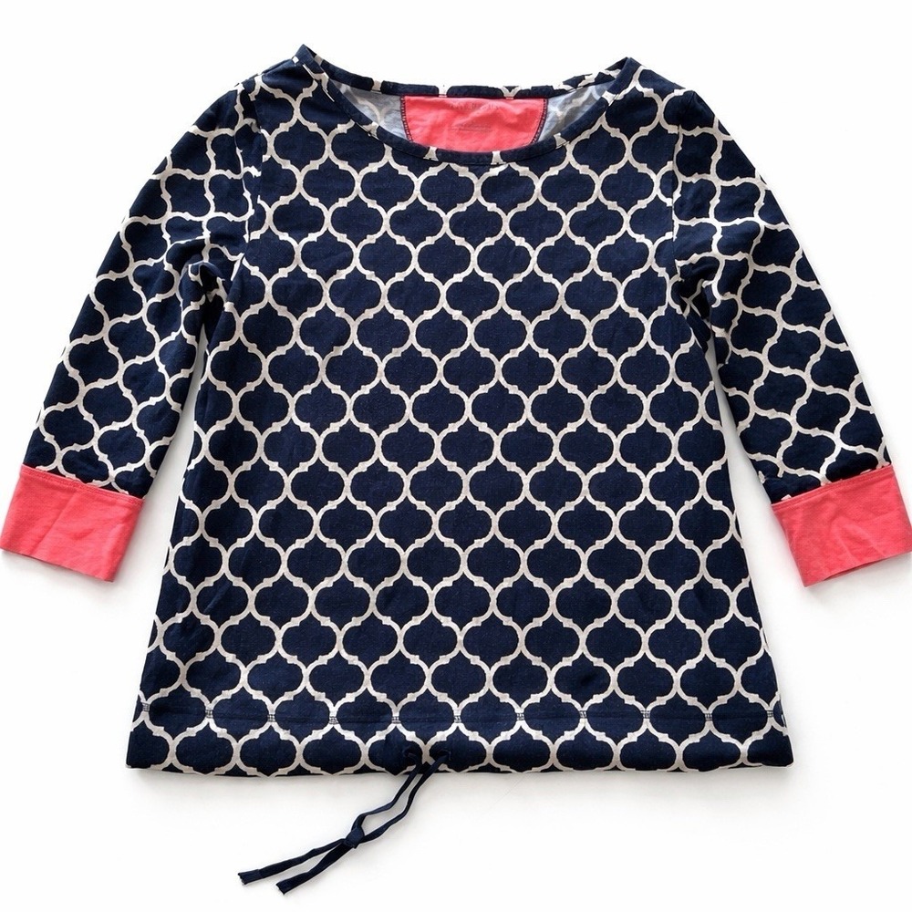 Talbots Navy White Geometric Top Women L 3/4 Sleeve Drawstring Hem